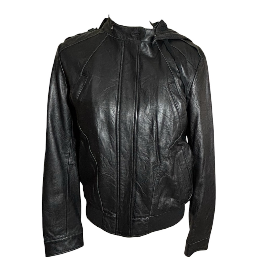 Gap Real Leather Hoodie Hooded Longsleeve Jacket Knit Waistband Cuffs Size Large